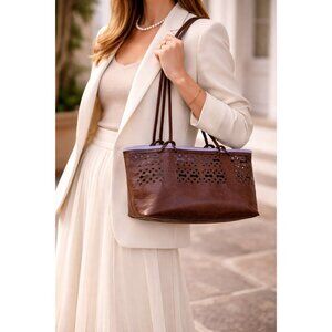 Beth Levine New York Brown Leather Tote Bag Cutout Design Shoulder Bag Boho Chic